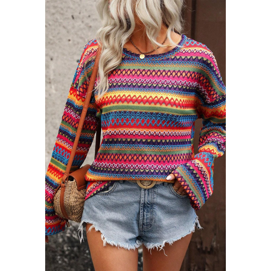Contrast Round Neck Long Sleeve Blouse Yellow / S Apparel and Accessories