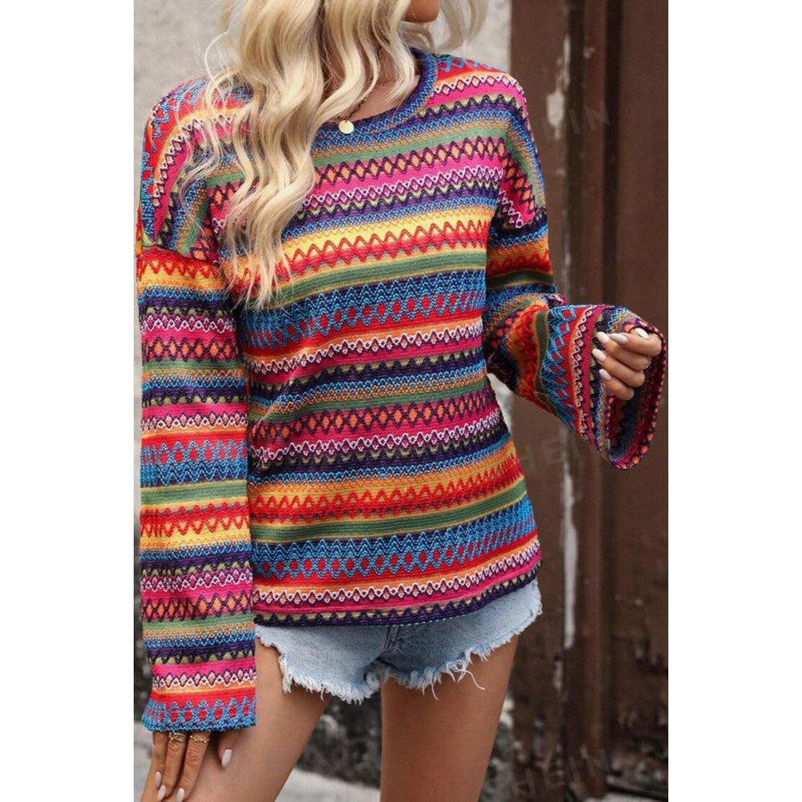 Contrast Round Neck Long Sleeve Blouse Apparel and Accessories