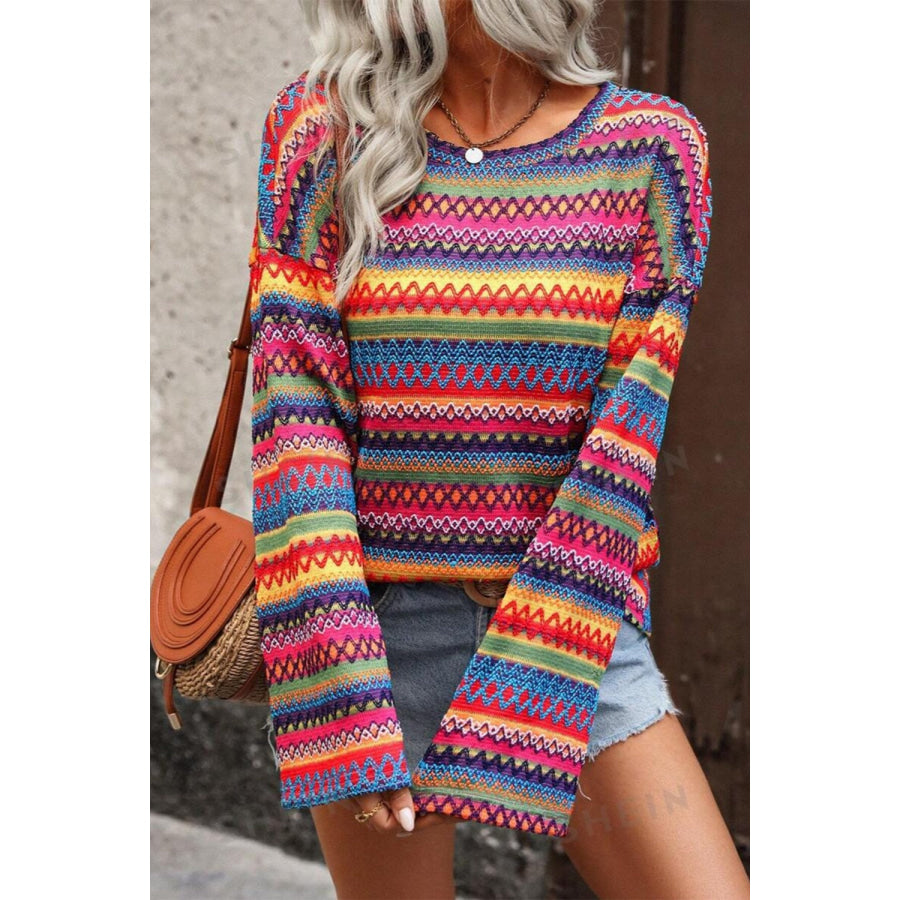 Contrast Round Neck Long Sleeve Blouse Yellow / S Apparel and Accessories