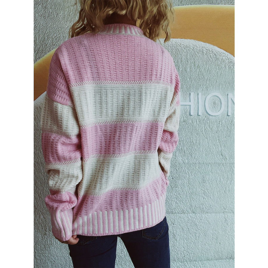 Contrast Round Neck Long Sleeve Sweater Apparel and Accessories