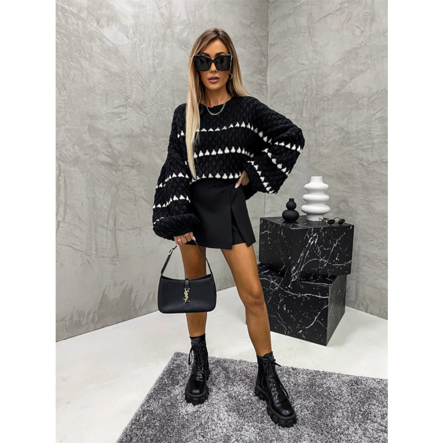Contrast Round Neck Long Sleeve Sweater Apparel and Accessories