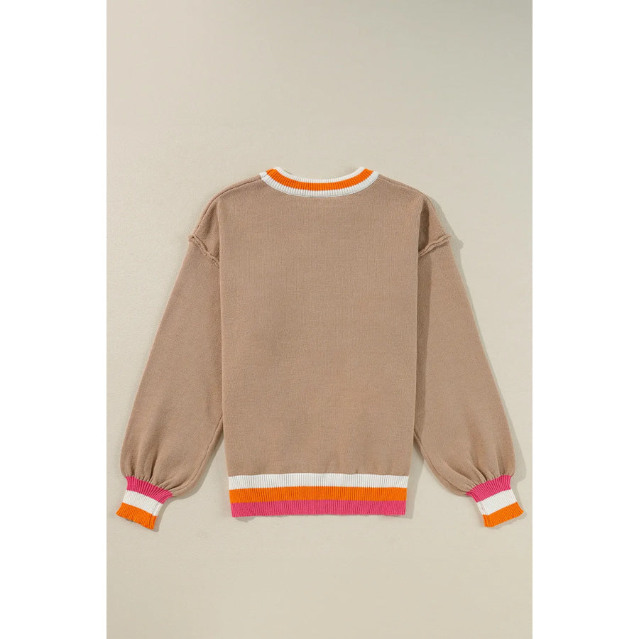 Contrast Round Neck Long Sleeve Sweater Apparel and Accessories