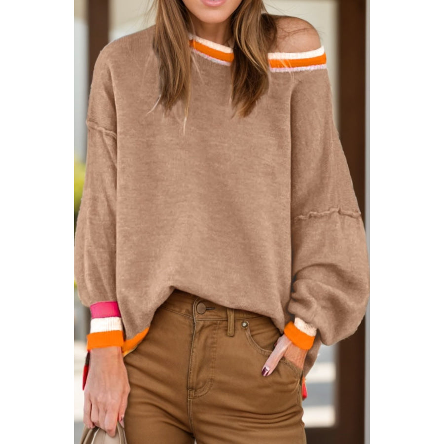 Contrast Round Neck Long Sleeve Sweater Dust Storm / S Apparel and Accessories