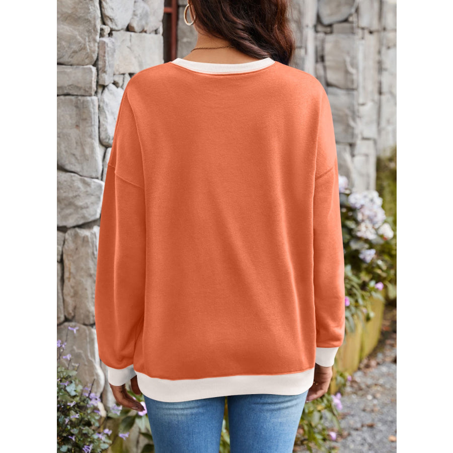 Contrast Round Neck Long Sleeve Sweatshirt Apparel and Accessories