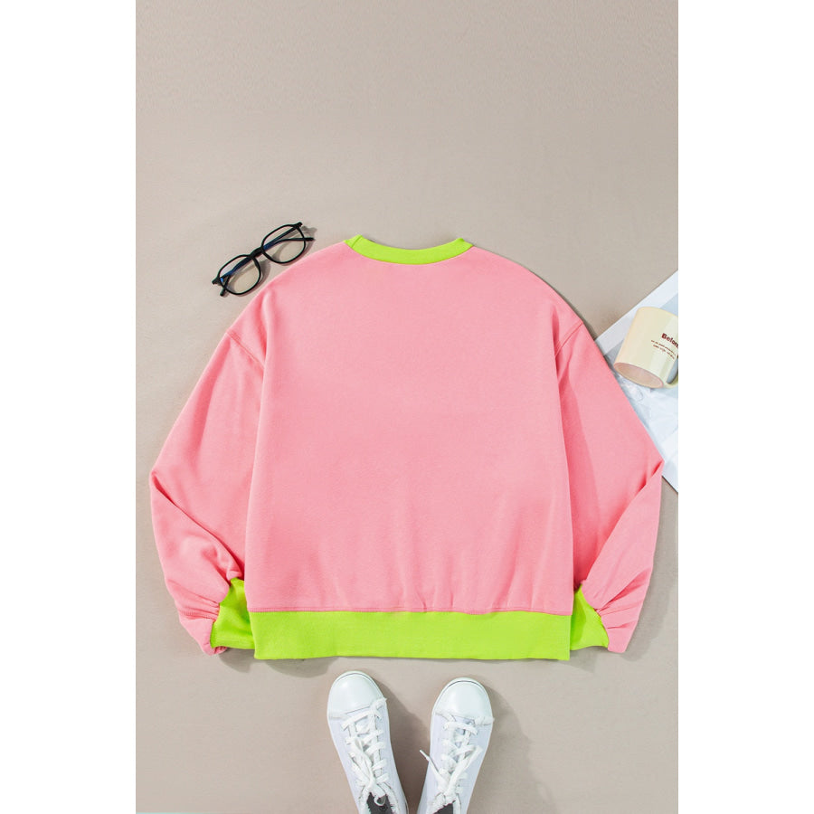 Contrast Round Neck Long Sleeve Sweatshirt Apparel and Accessories