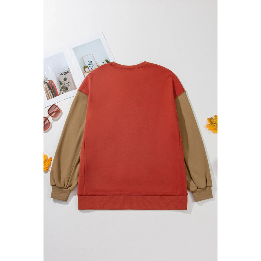 Contrast Round Neck Long Sleeve Sweatshirt Apparel and Accessories