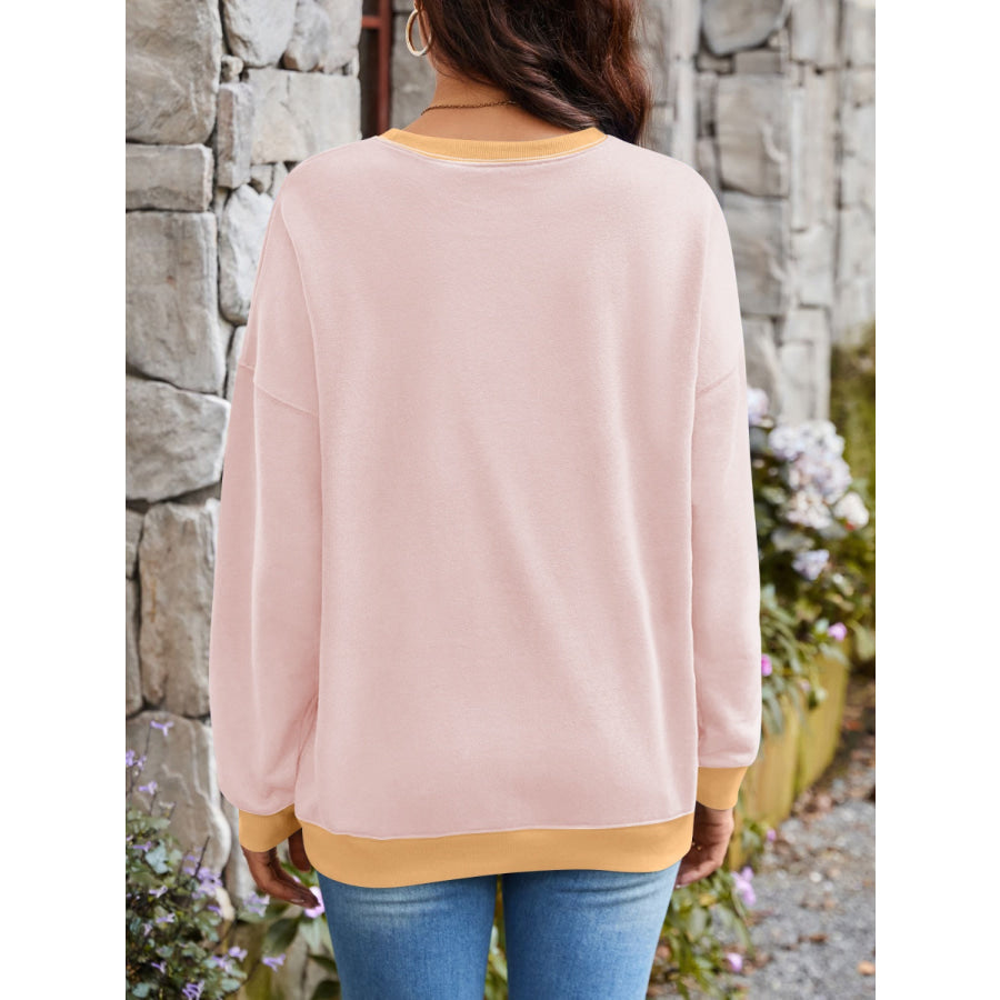 Contrast Round Neck Long Sleeve Sweatshirt Apparel and Accessories
