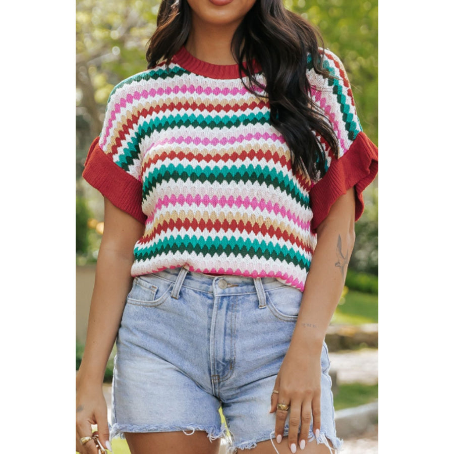 Contrast Round Neck Short Sleeve Sweater Apparel and Accessories