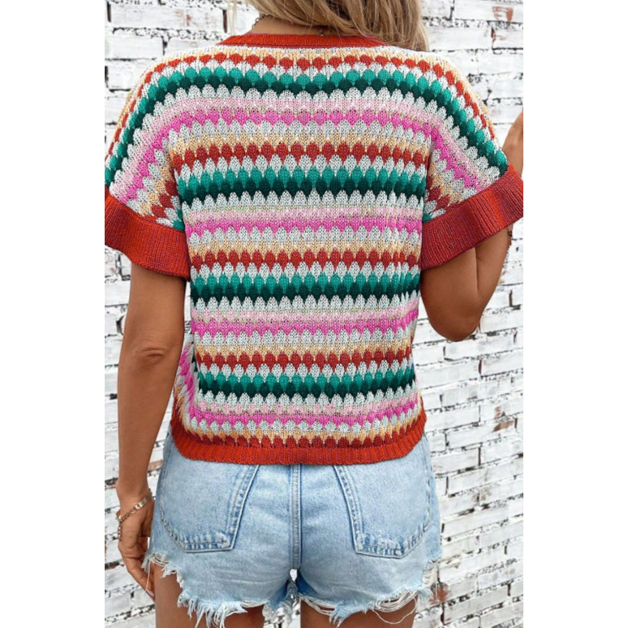 Contrast Round Neck Short Sleeve Sweater Apparel and Accessories