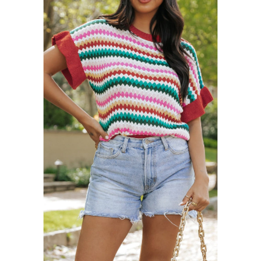 Contrast Round Neck Short Sleeve Sweater Apparel and Accessories