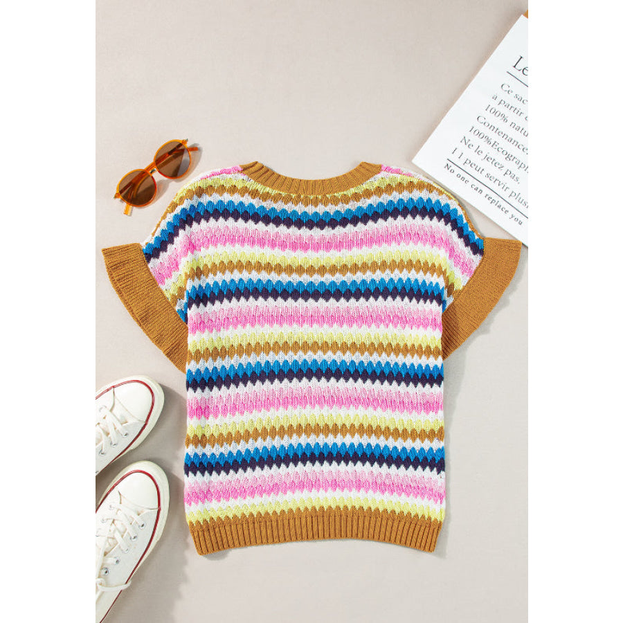 Contrast Round Neck Short Sleeve Sweater Apparel and Accessories