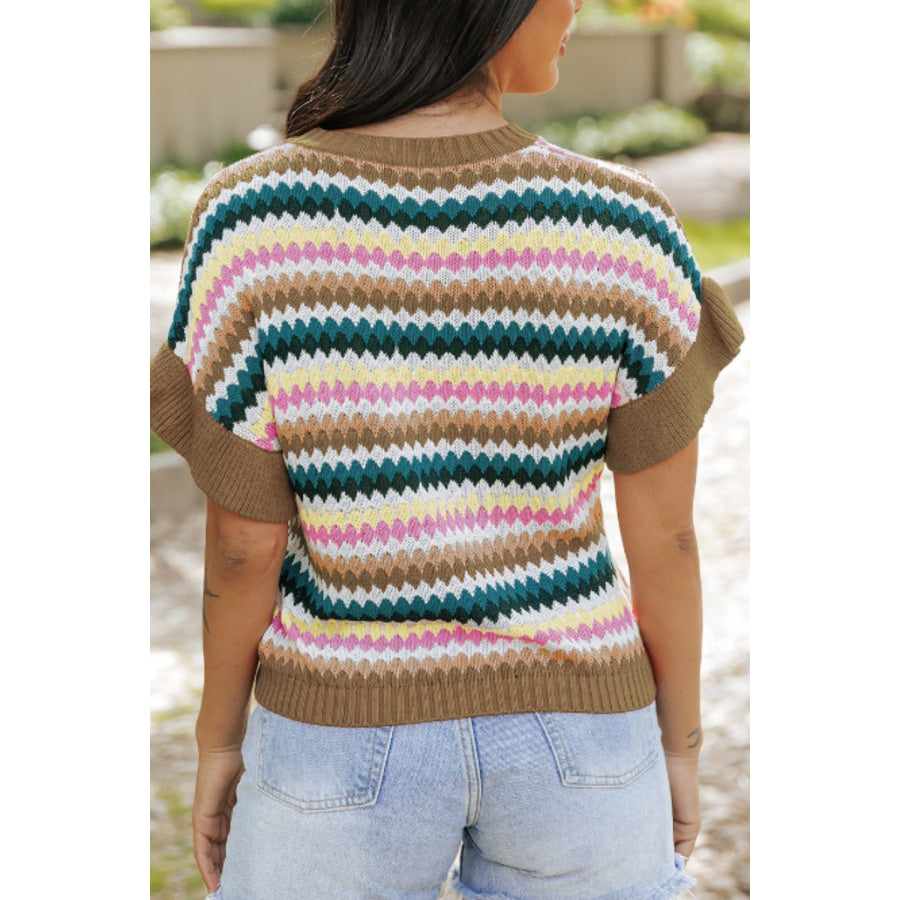 Contrast Round Neck Short Sleeve Sweater Apparel and Accessories