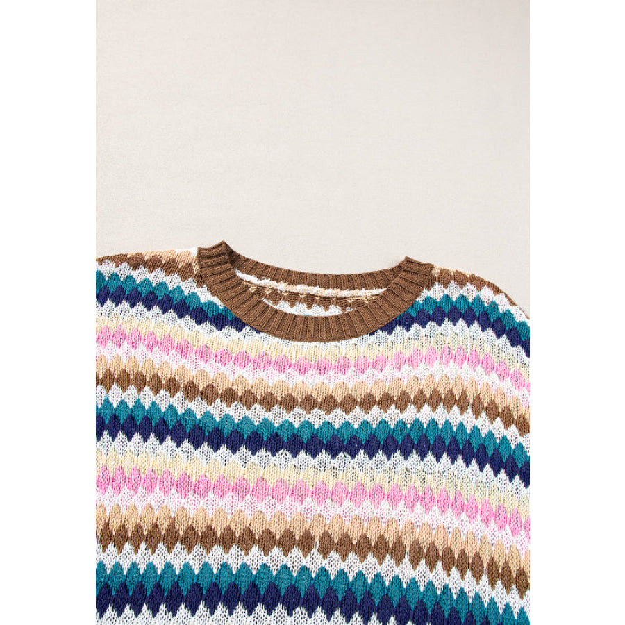 Contrast Round Neck Short Sleeve Sweater Apparel and Accessories