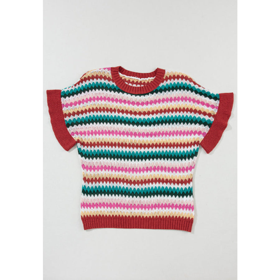 Contrast Round Neck Short Sleeve Sweater Apparel and Accessories