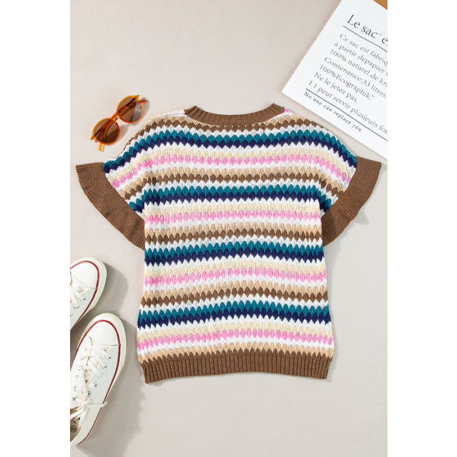 Contrast Round Neck Short Sleeve Sweater Apparel and Accessories