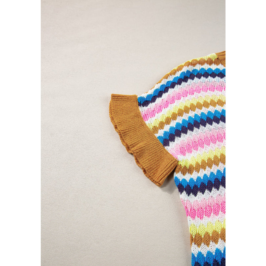 Contrast Round Neck Short Sleeve Sweater Apparel and Accessories