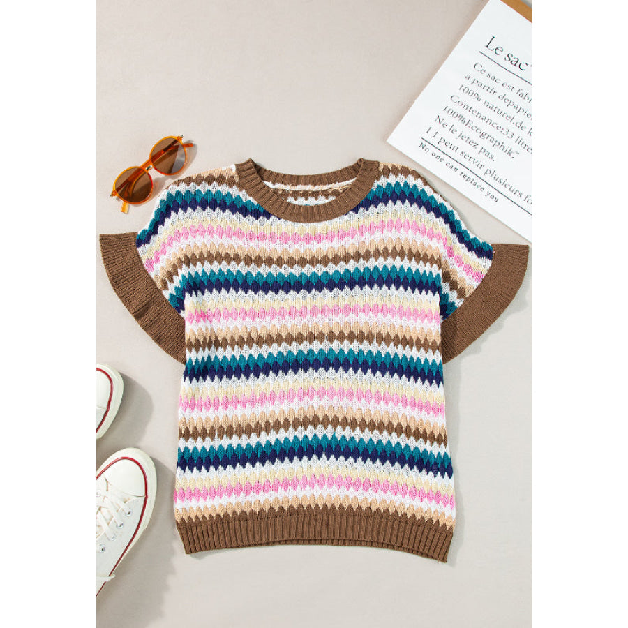 Contrast Round Neck Short Sleeve Sweater Apparel and Accessories