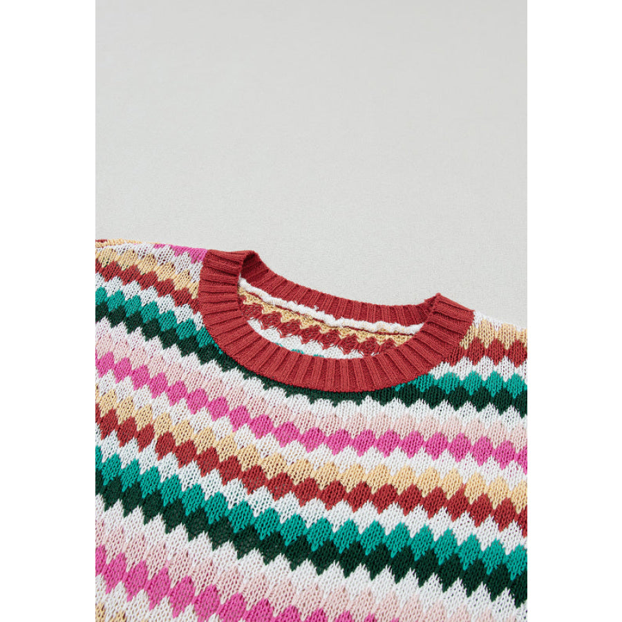 Contrast Round Neck Short Sleeve Sweater Apparel and Accessories