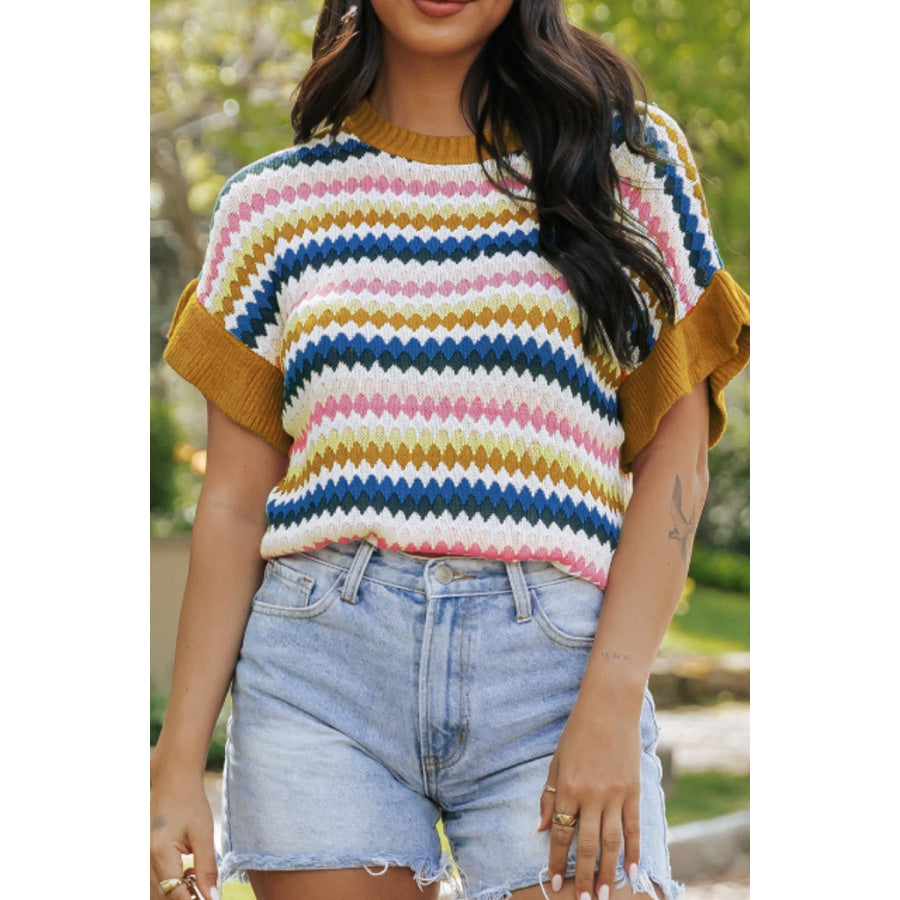 Contrast Round Neck Short Sleeve Sweater Mustard / S Apparel and Accessories