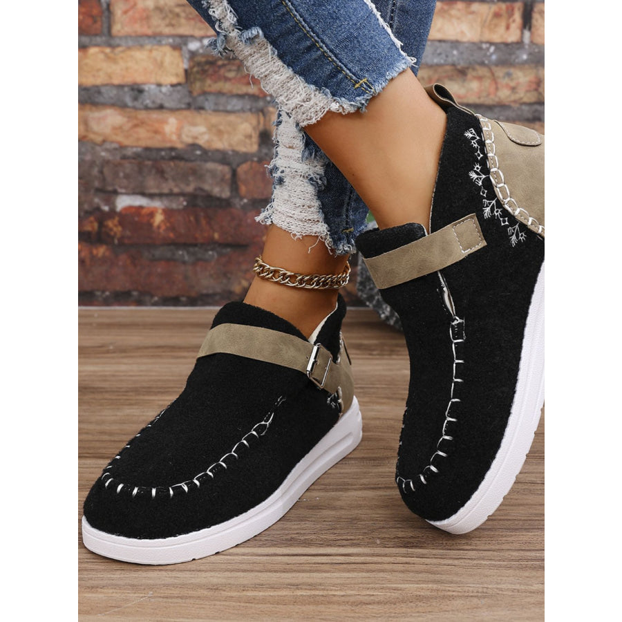 Contrast Round Toe Buckle Sneakers Apparel and Accessories