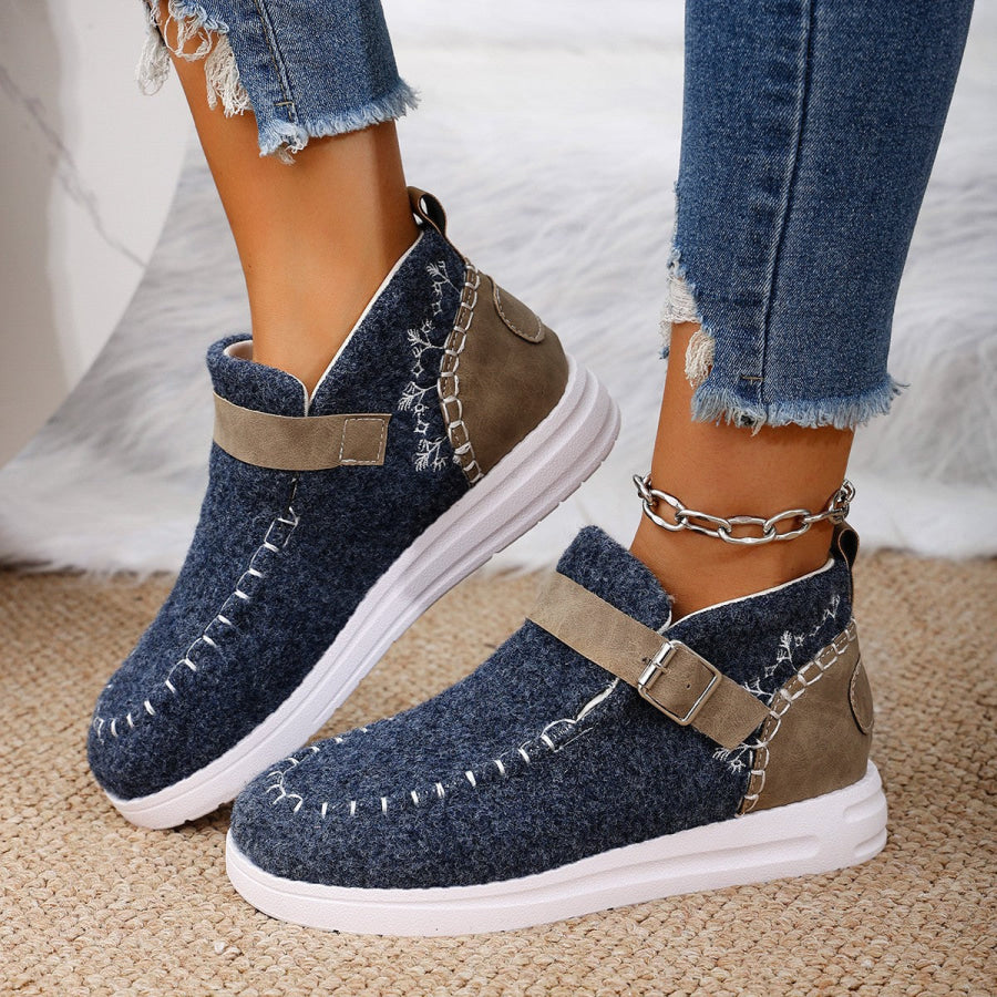 Contrast Round Toe Buckle Sneakers Apparel and Accessories