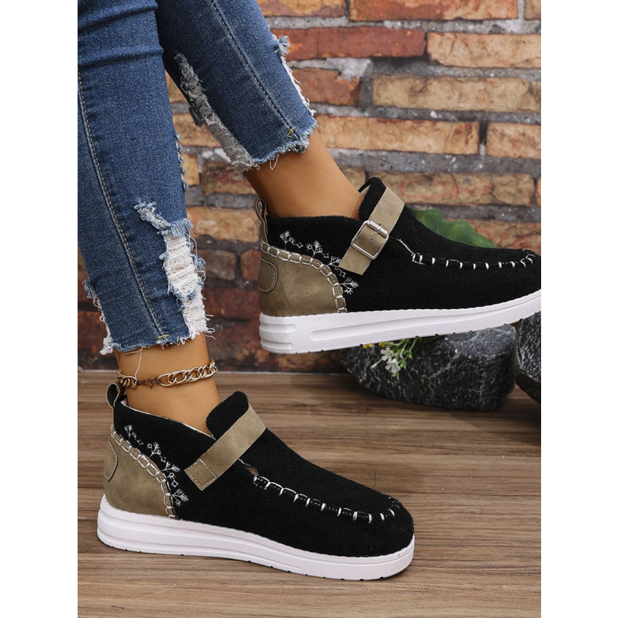 Contrast Round Toe Buckle Sneakers Apparel and Accessories