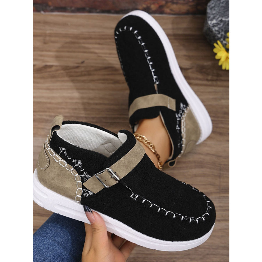 Contrast Round Toe Buckle Sneakers Black / 36(US5) Apparel and Accessories