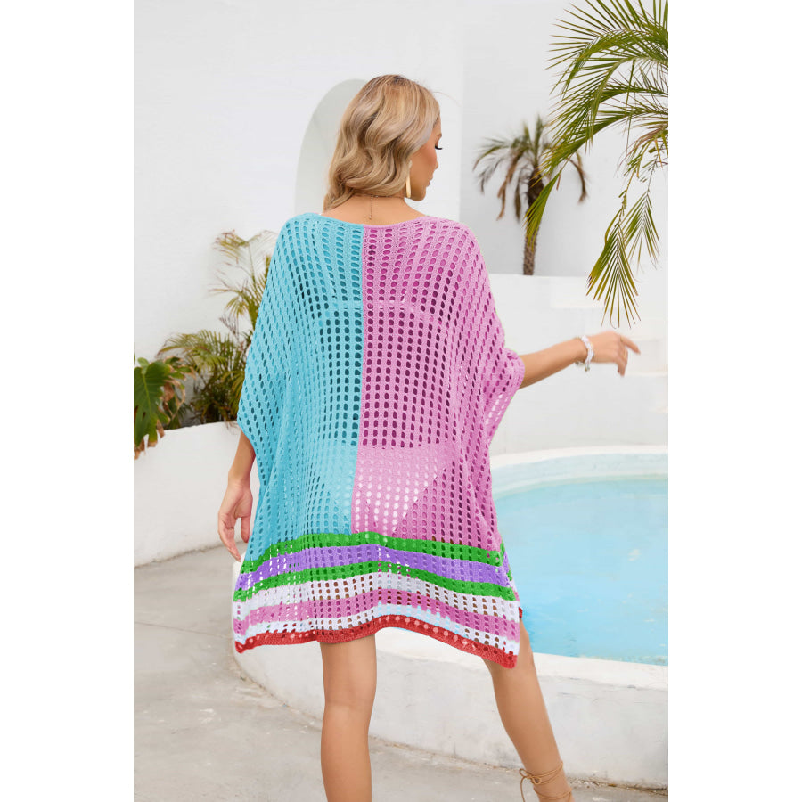 Contrast Scoop Neck Openwork Half Sleeve Cover Up Apparel and Accessories