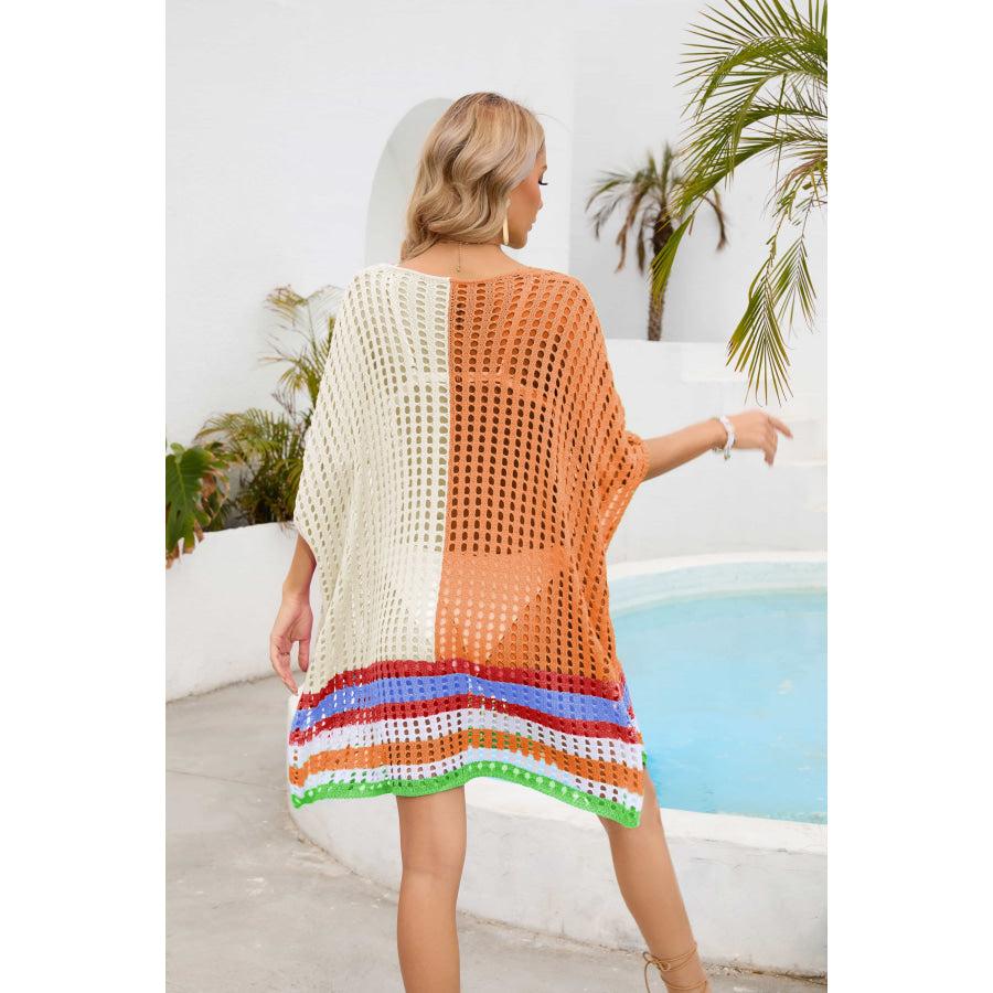 Contrast Scoop Neck Openwork Half Sleeve Cover Up Apparel and Accessories