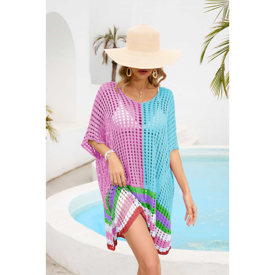 Contrast Scoop Neck Openwork Half Sleeve Cover Up Apparel and Accessories