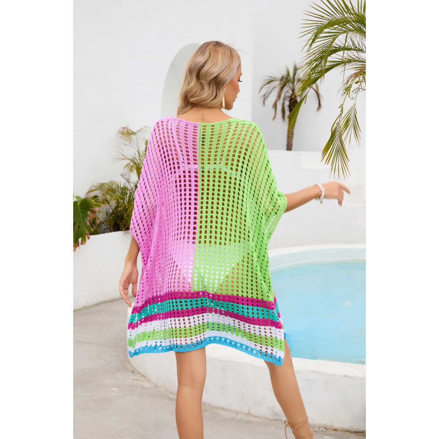 Contrast Scoop Neck Openwork Half Sleeve Cover Up Apparel and Accessories