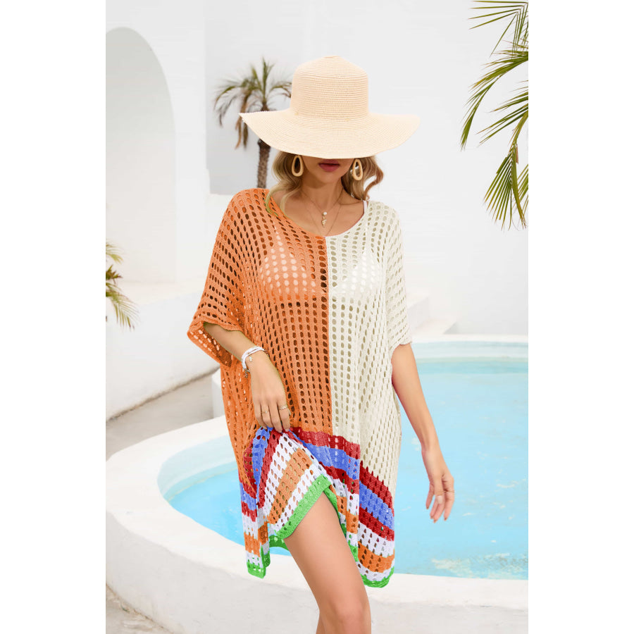 Contrast Scoop Neck Openwork Half Sleeve Cover Up Apparel and Accessories