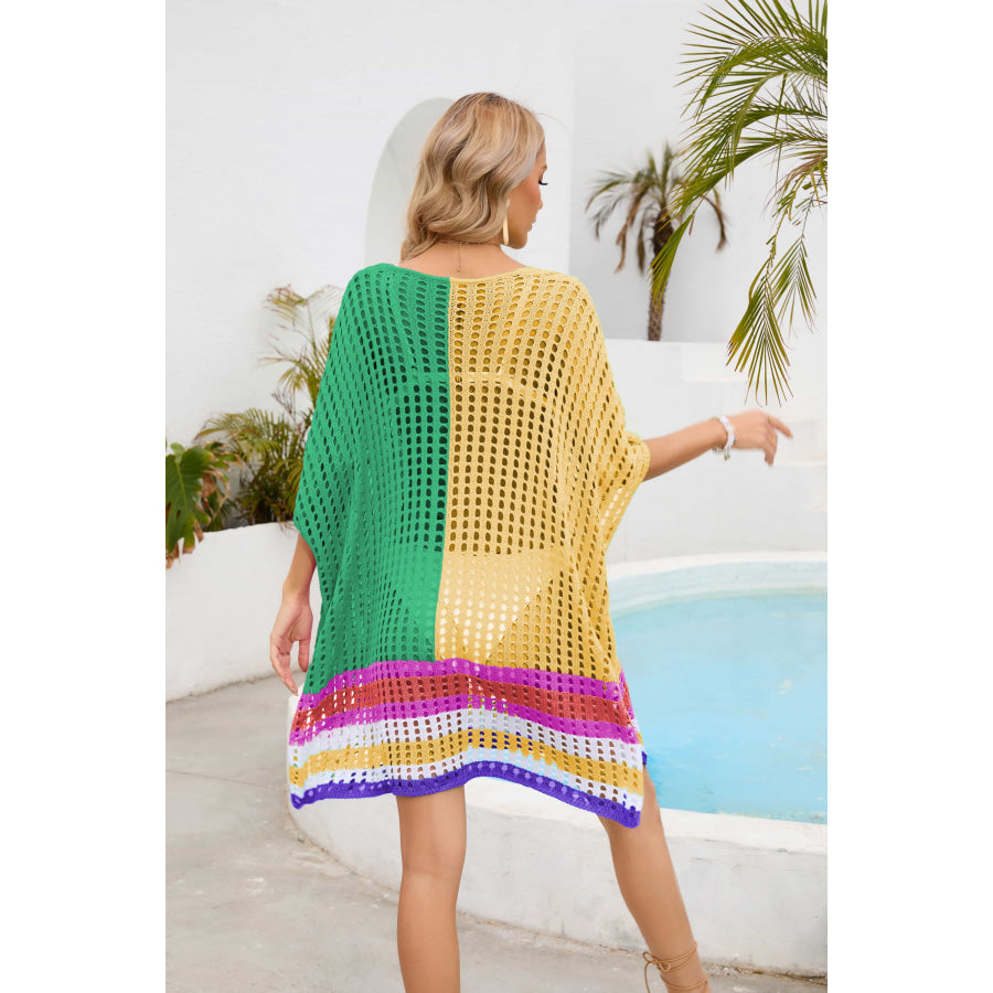 Contrast Scoop Neck Openwork Half Sleeve Cover Up Apparel and Accessories