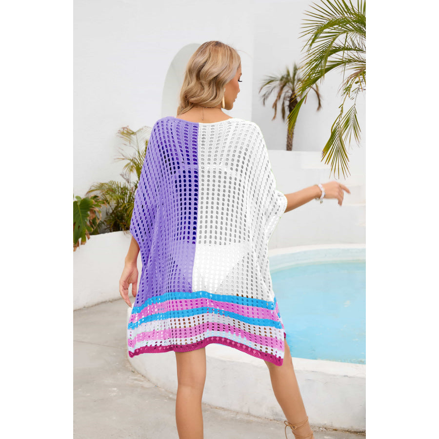 Contrast Scoop Neck Openwork Half Sleeve Cover Up Apparel and Accessories