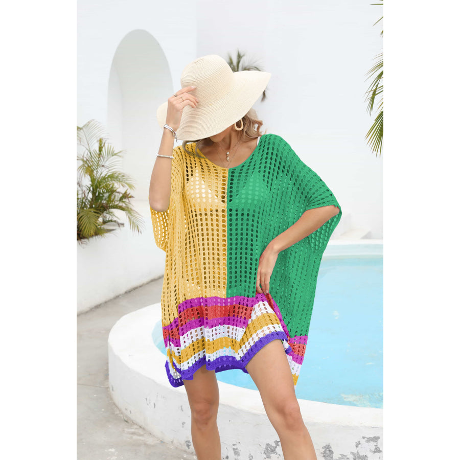 Contrast Scoop Neck Openwork Half Sleeve Cover Up Apparel and Accessories