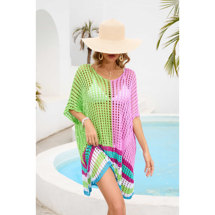 Contrast Scoop Neck Openwork Half Sleeve Cover Up Apparel and Accessories