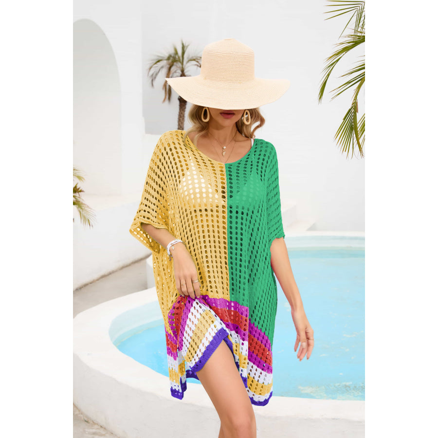 Contrast Scoop Neck Openwork Half Sleeve Cover Up Gold / One Size Apparel and Accessories