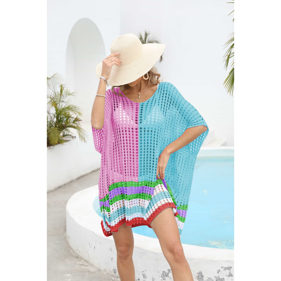 Contrast Scoop Neck Openwork Half Sleeve Cover Up Pink / One Size Apparel and Accessories