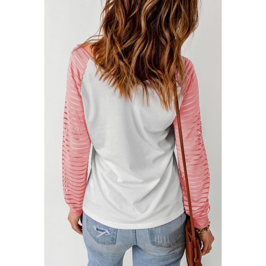 Contrast Sheer Striped V-Neck Top Blush Pink / S