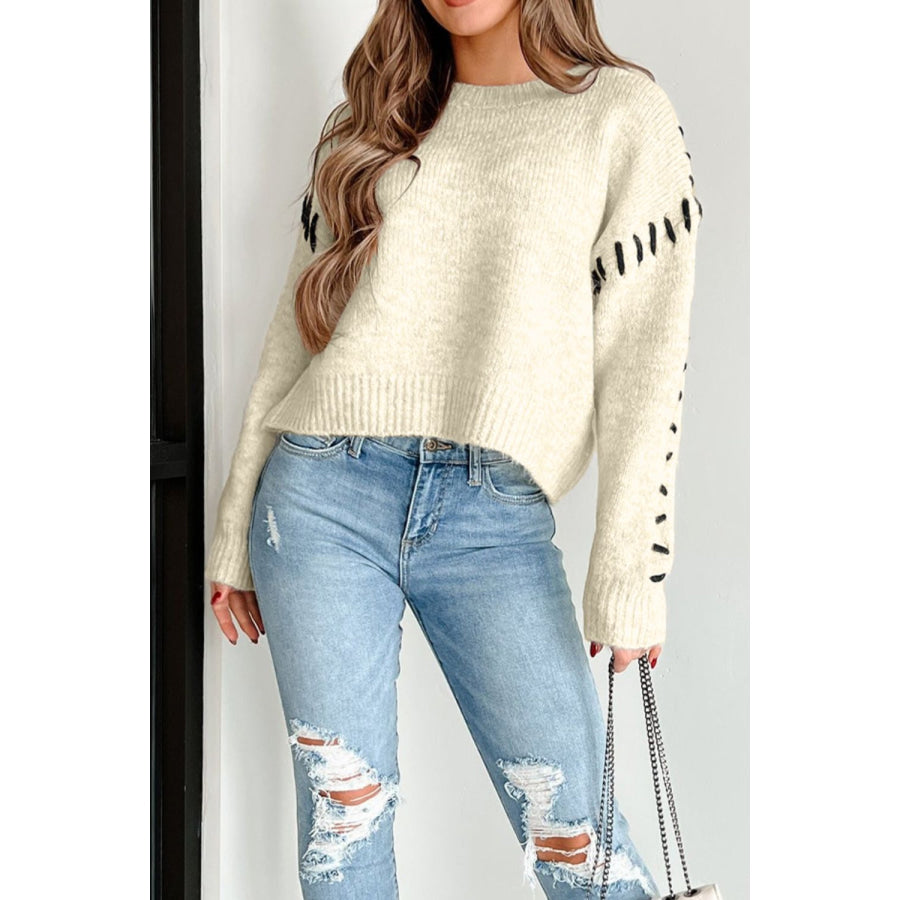 Contrast Stitch Detail Ribbed Trim Sweater Apparel and Accessories