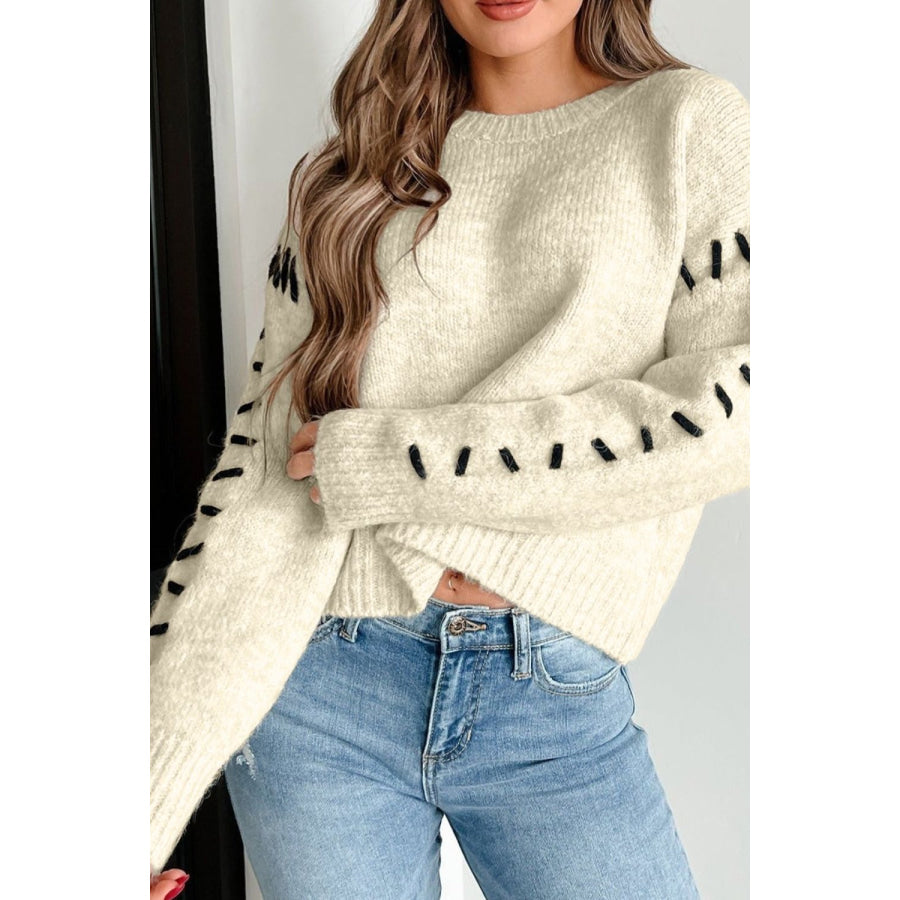 Contrast Stitch Detail Ribbed Trim Sweater Apparel and Accessories