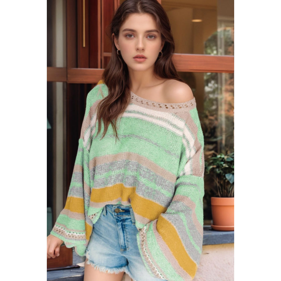 Contrast Striped Boat Neck Dropped Shoulder Sweater Gum Leaf / S Apparel and Accessories