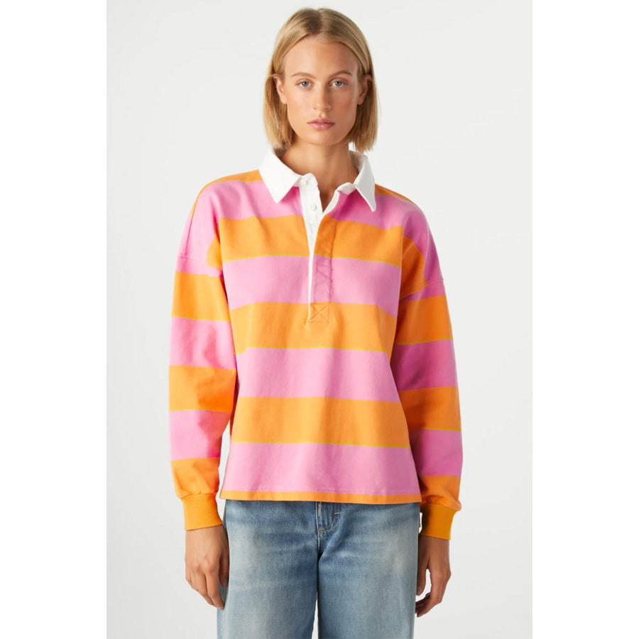 Contrast Striped Collared Neck Long Sleeve Sweatshirt Apparel and Accessories