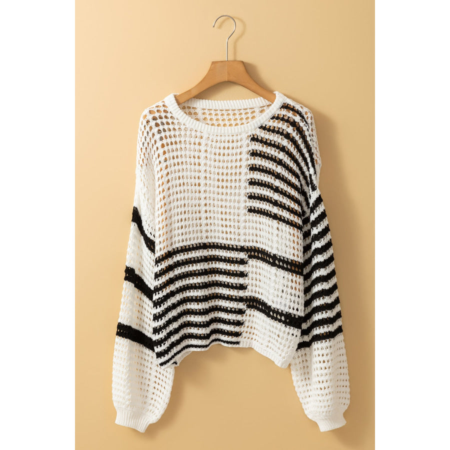 Contrast Striped Crochet Long Sleeve Knit Cover Up Apparel and Accessories