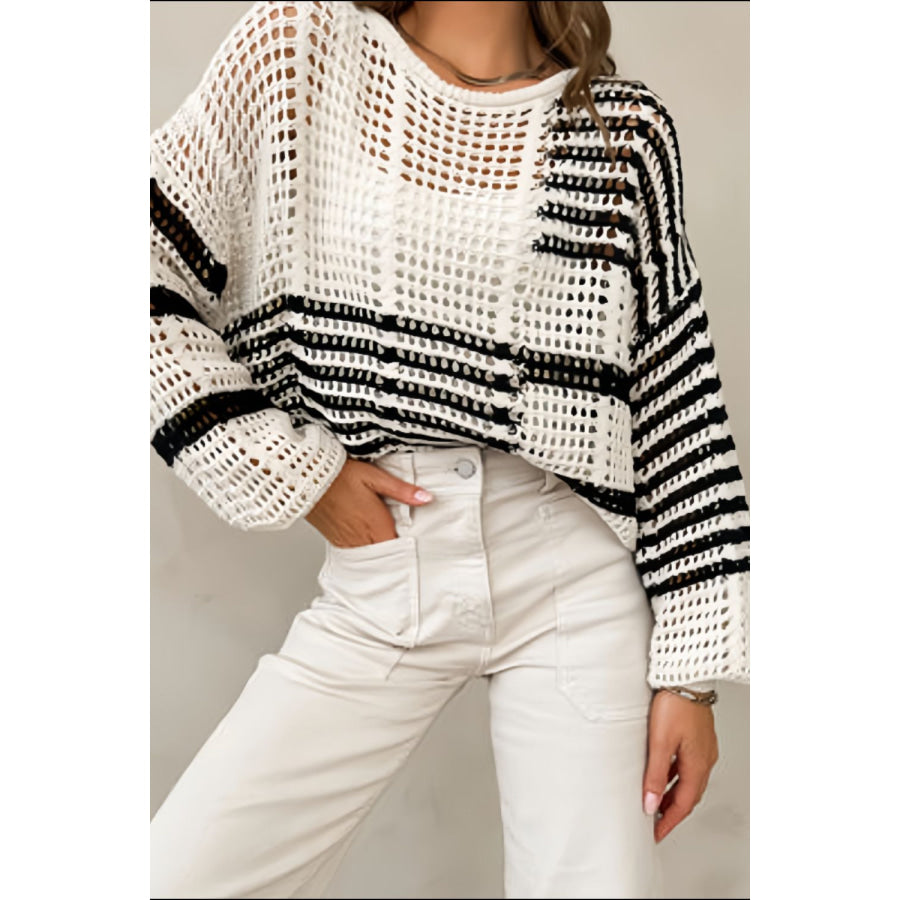 Contrast Striped Crochet Long Sleeve Knit Cover Up Apparel and Accessories