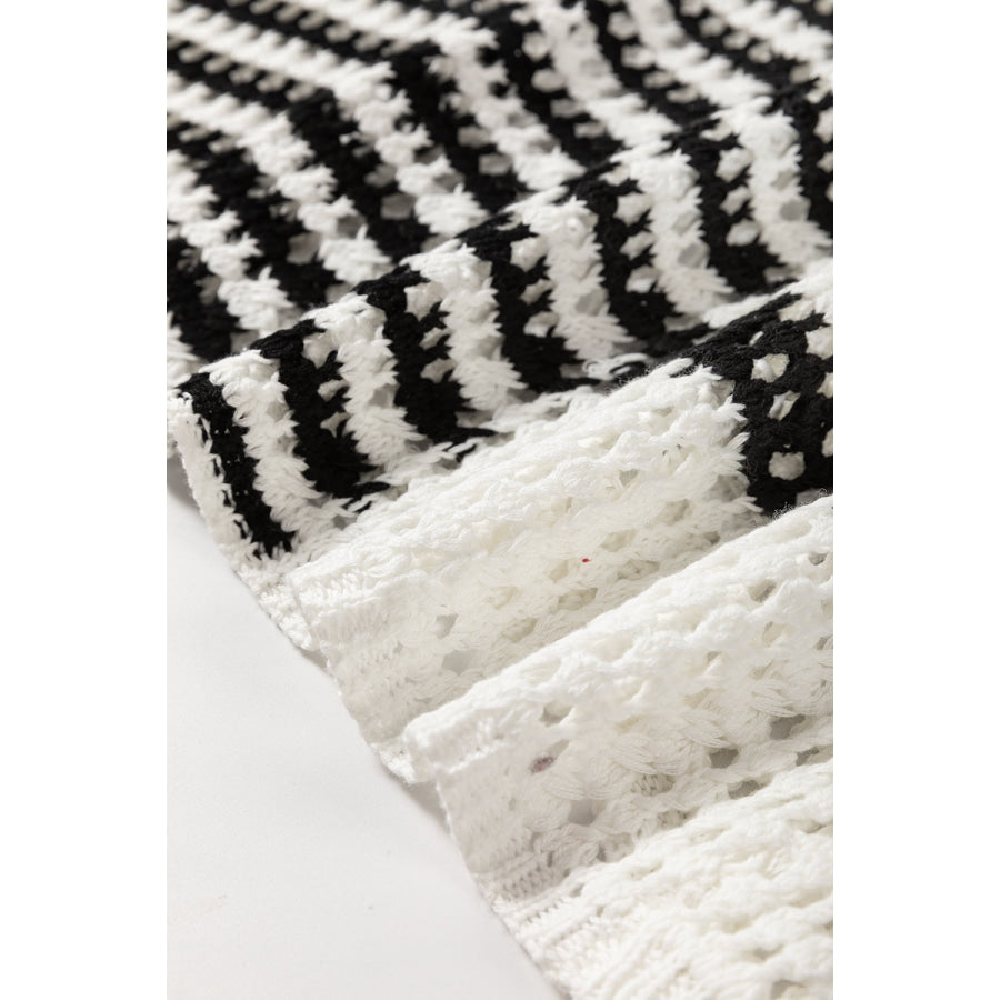 Contrast Striped Crochet Long Sleeve Knit Cover Up Apparel and Accessories