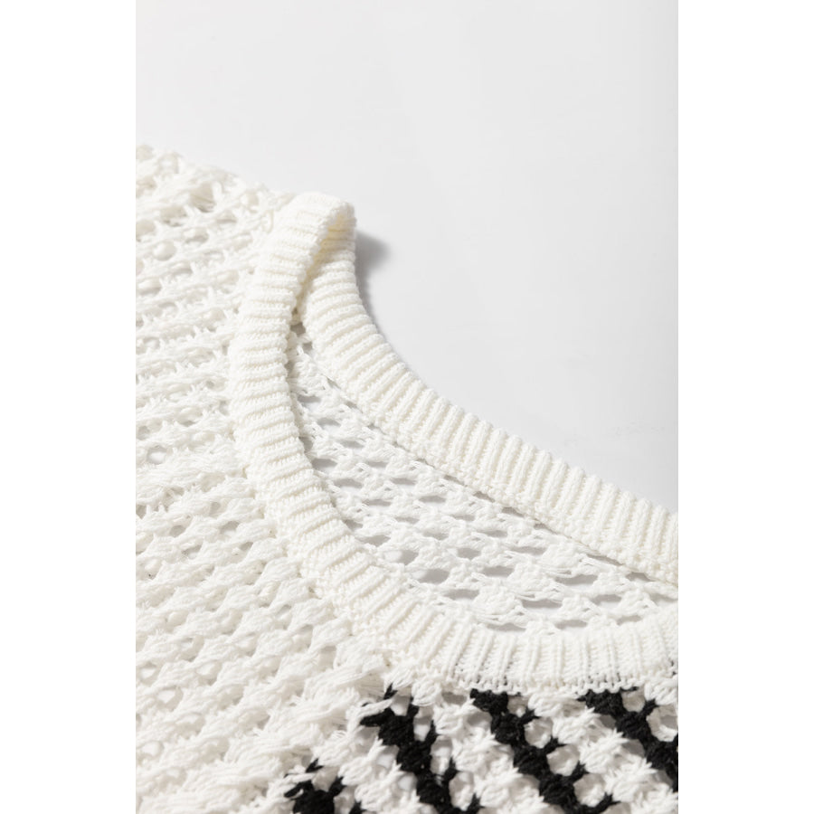 Contrast Striped Crochet Long Sleeve Knit Cover Up Apparel and Accessories