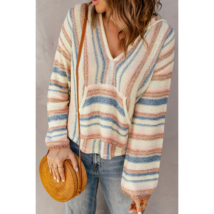 Contrast Striped Dropped Shoulder Hooded Knit Top Apparel and Accessories