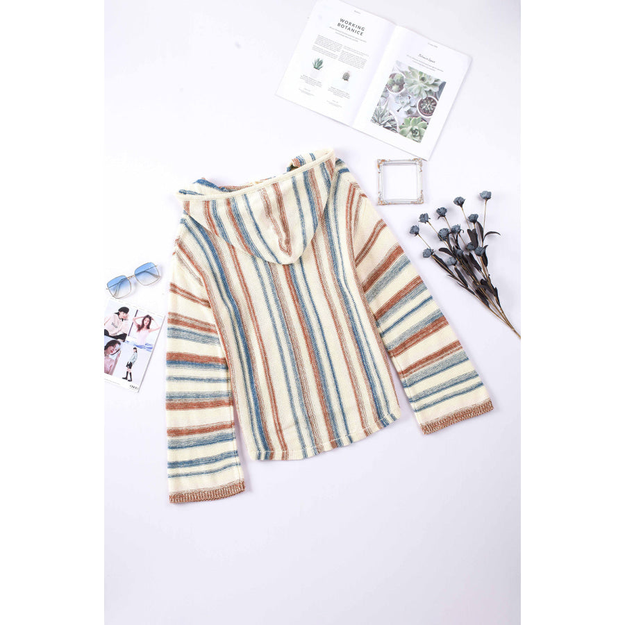 Contrast Striped Dropped Shoulder Hooded Knit Top Apparel and Accessories