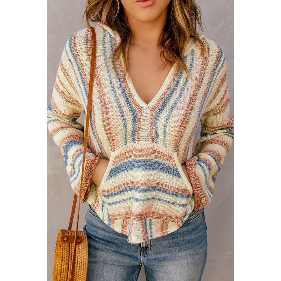 Contrast Striped Dropped Shoulder Hooded Knit Top Apparel and Accessories